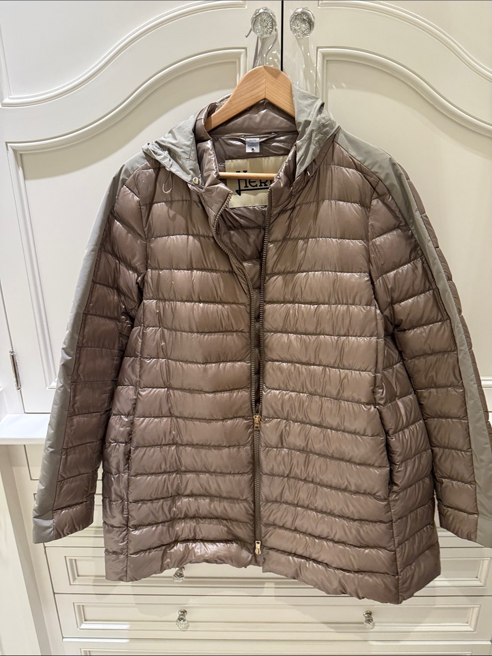 Herno Taupe and Light Gray Hooded A-Line Puffer Jacket